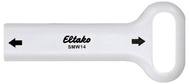 En hvid nøgle med påskriften 'Eltako SMW14' og pile, der peger til venstre og højre, sandsynligvis til indstilling eller montering.
