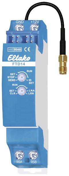 En blå Eltako FTD14 trådløs transceiver med tilslutningskabel, switches og LED'er. Administrerer og styrer trådløse signaler i bygninger.