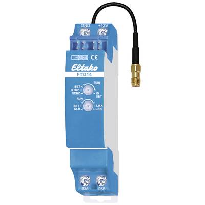 En blå Eltako FTD14 trådløs transceiver med tilslutningskabel, switches og LED'er. Administrerer og styrer trådløse signaler i bygninger.