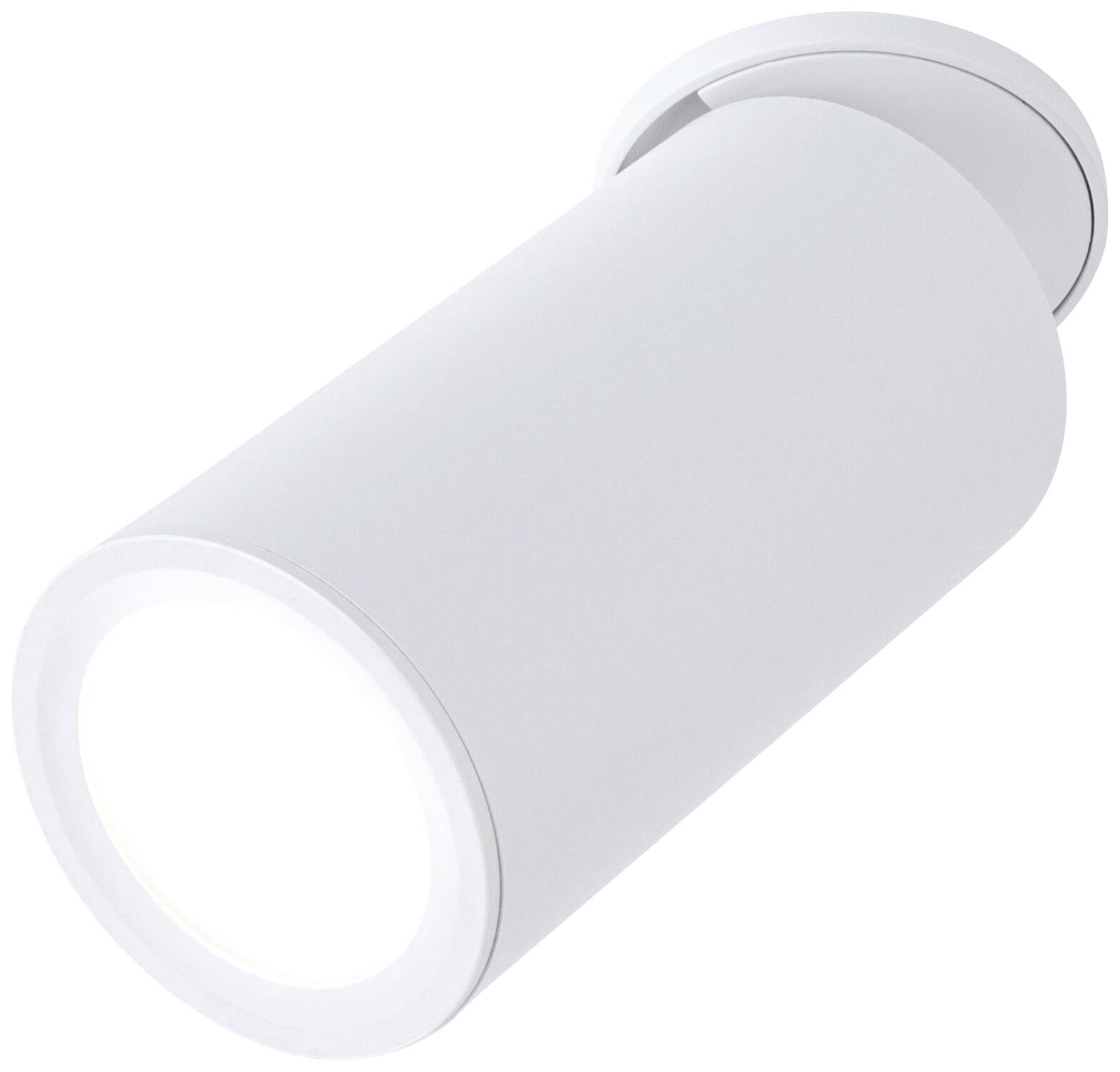 Hvid cylinderformet loftlampe med drejelig spot. Perfekt til retningsbestemt belysning i moderne interiører.