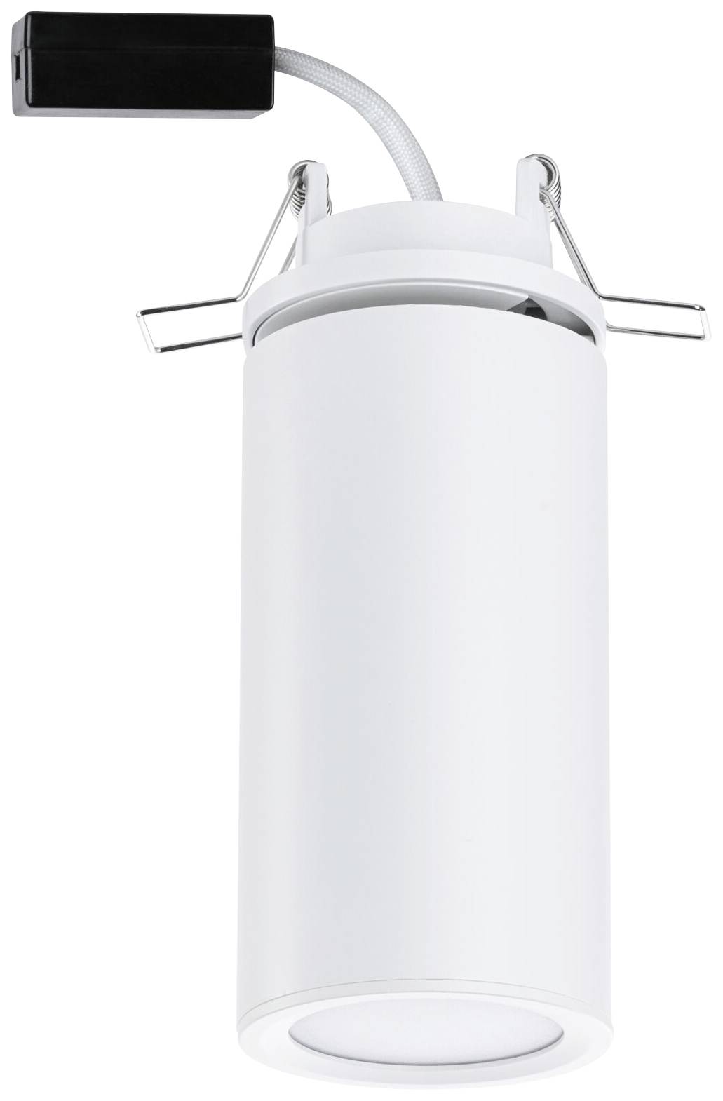 Cylinderformet, hvid indbygningsspot med kabel og beslag, velegnet til moderne loftsbelysning.