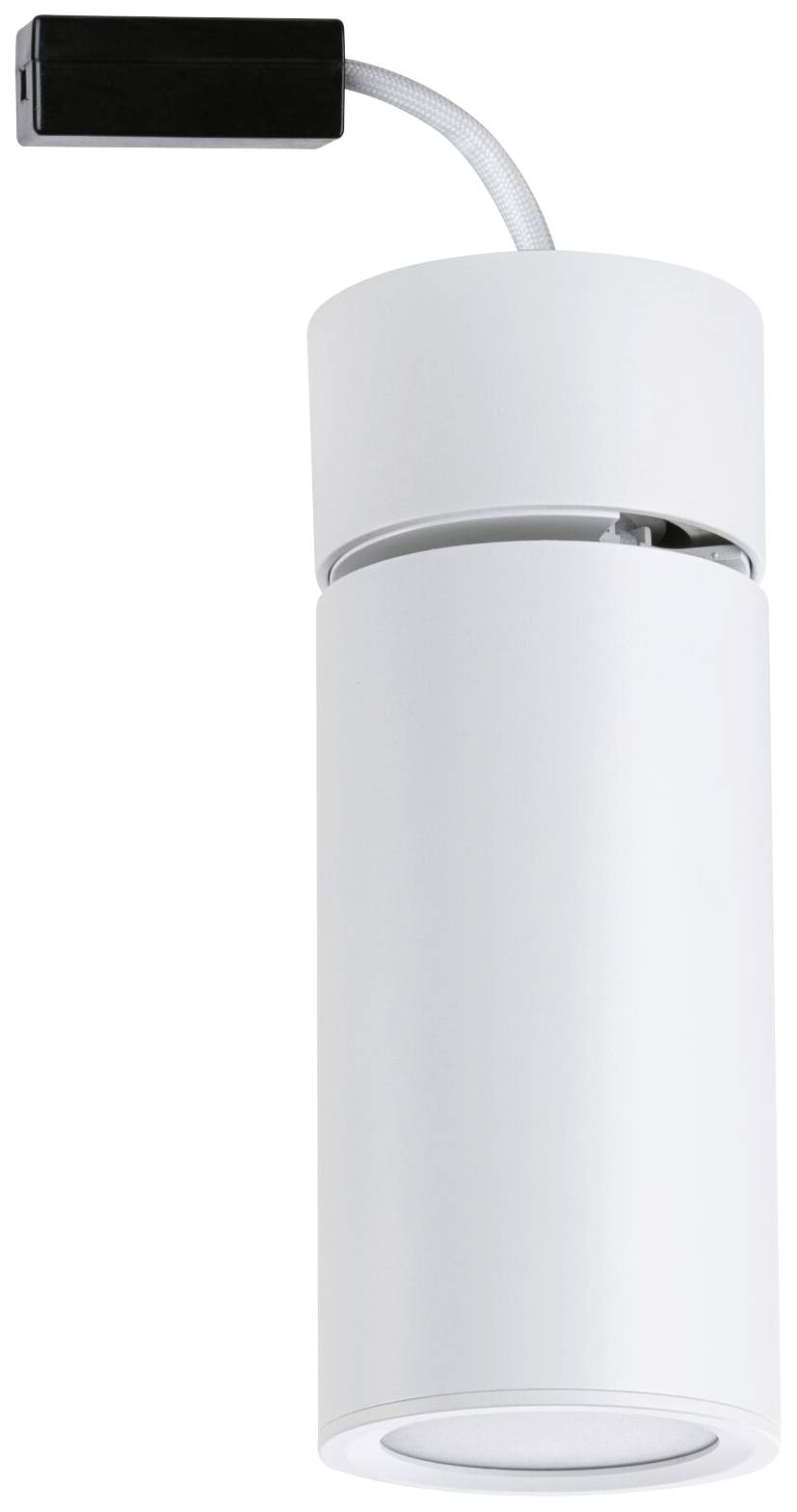 En hvid cylindrisk spotlampe, monteret på et loftsbeslag, egnet til fokuseret belysning i moderne indendørsrum.