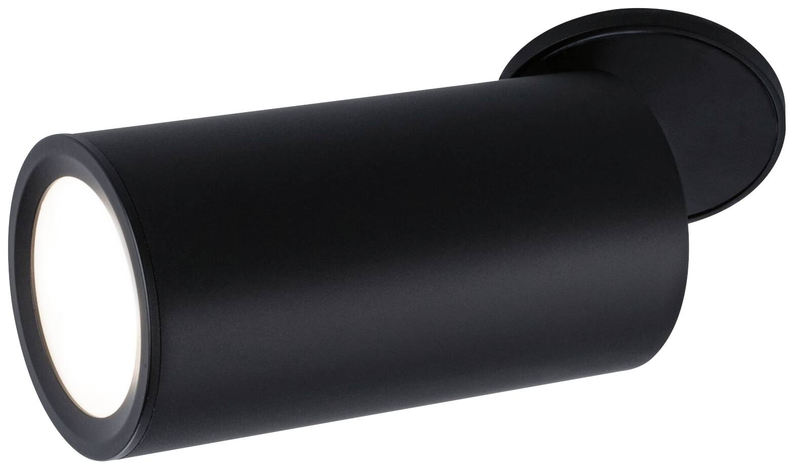 Sort, cylindrisk loftslampe med klart lys, indstillelig i siderne, foran hvid baggrund.