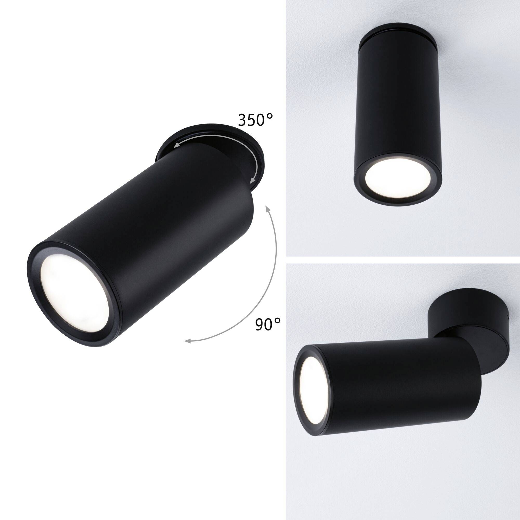 Sort cylindrisk loftslampe, drejeligt 350 grader og vipbart 90 grader, monteret på en hvid lofts overflade.
