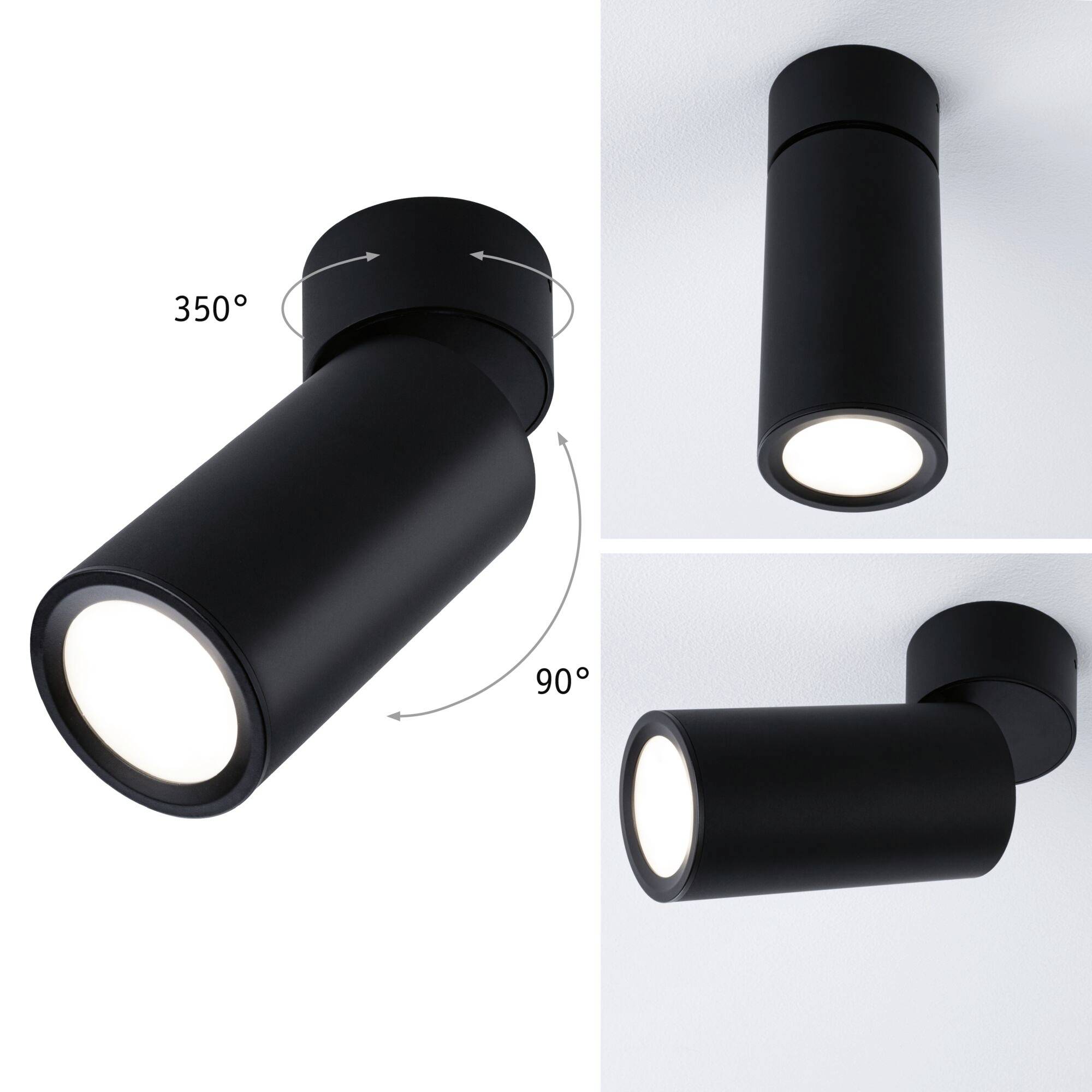 Sort, cylindrisk loftlampe med drejeligt design; 350 grader drejelig, 90 grader vippebar. Velegnet til retningsbestemt belysning.