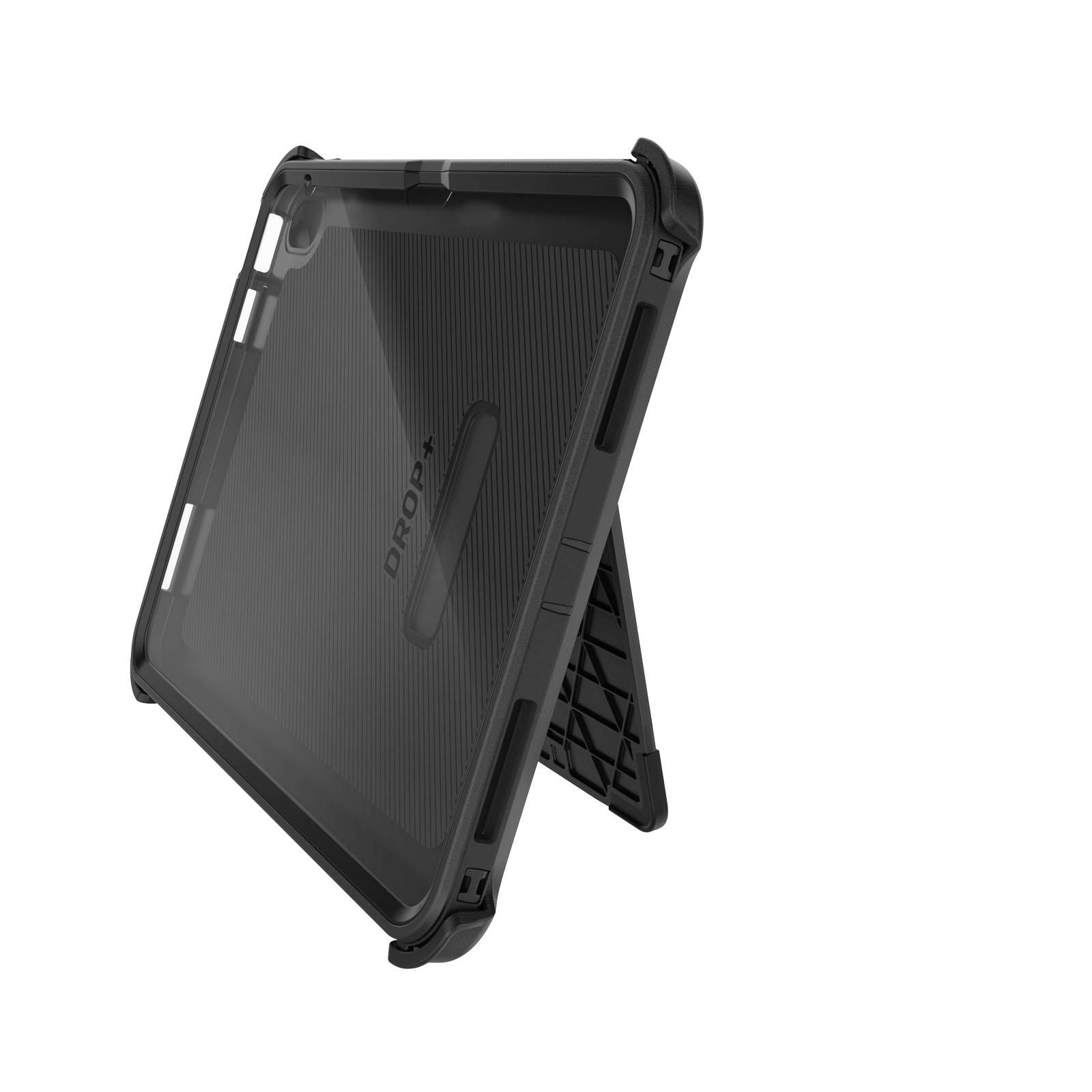 Sort tablet i robust beskyttelseshylster med integreret stativ, placeret i opret position.