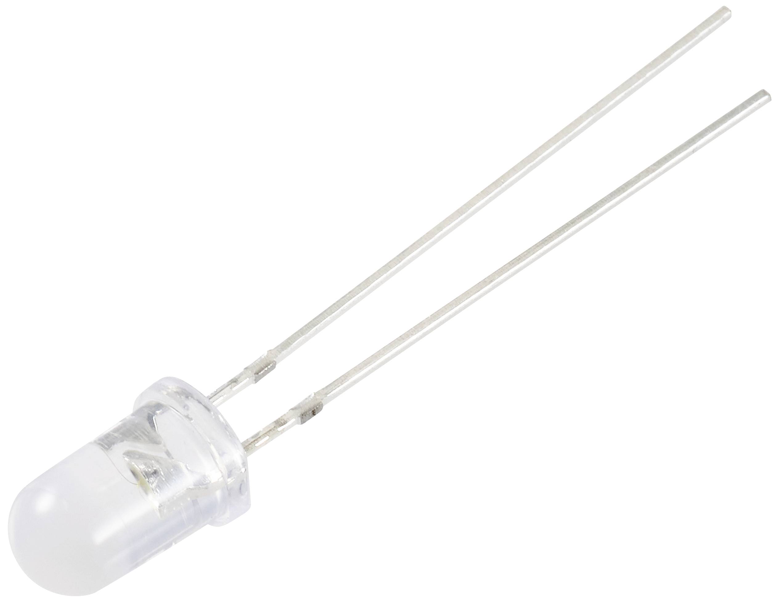 Et transparent LED med to sølvfarvede tilslutningsledninger på hvid baggrund.
