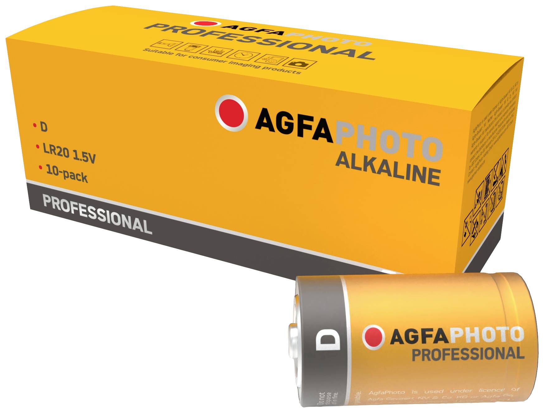 En gul batteripakke fra mærket AgfaPhoto med påskriften 'Professional Alkaline'. Indeholder ti 1,5V D-batterier.