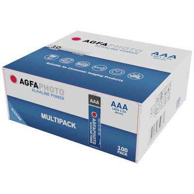 En pakke AGFAPHOTO Alkaline AAA-batterier, multipakke med 100 styk, egnet til forbrugerelektronik.