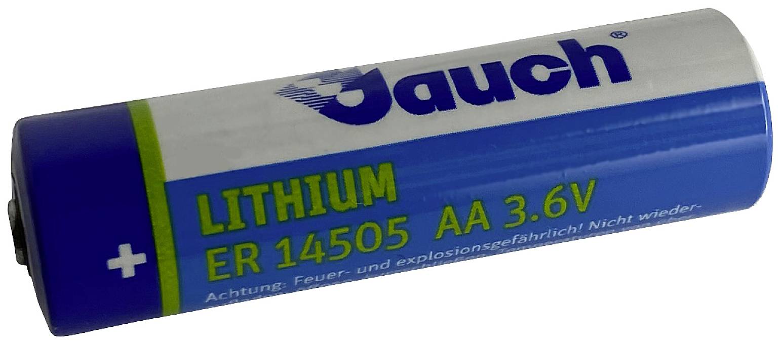 'Lithiumbatteri ER 14505 AA 3,6V' med advarselstekst 'Advarsel: Brand- og eksplosionsfarlig. Må ikke genoplades.'