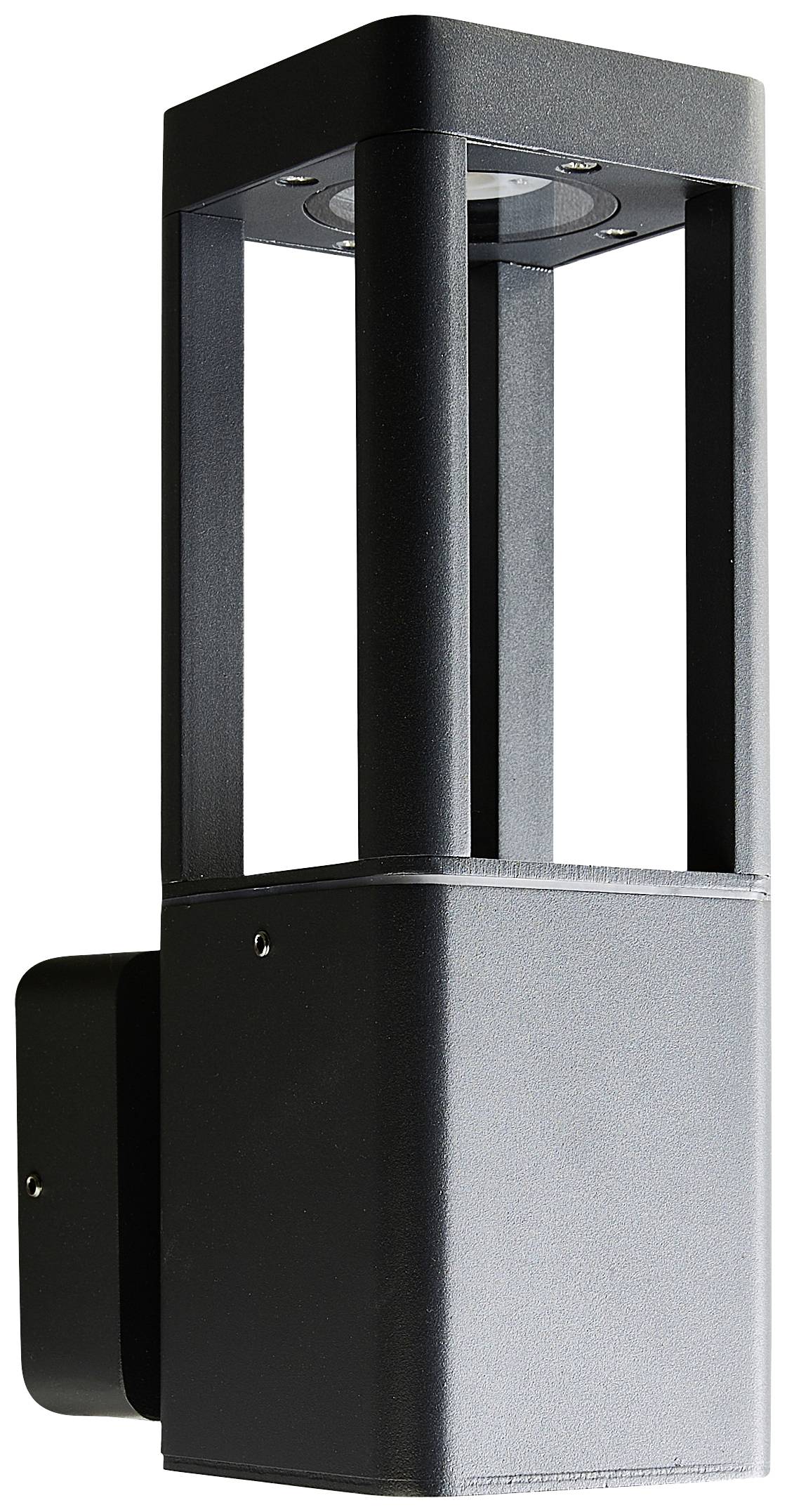 Moderne sort udendørslampe med rektangulært design, egnet til vægmontering. Den er robust og vejrbestandig til udendørs brug.