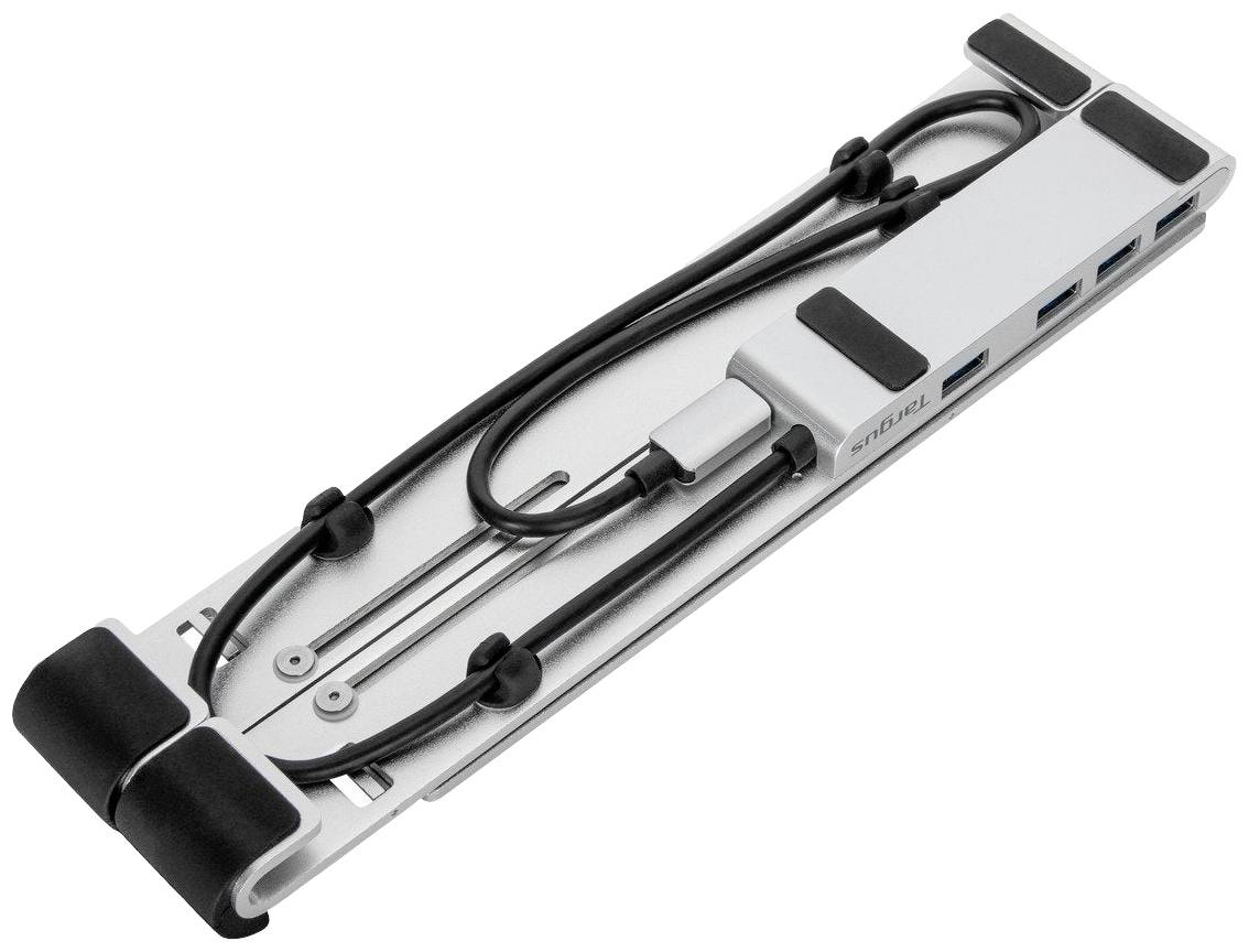 Sammenklappelig, grå laptopstander med gummikanter og kabelføring. Kompakt design til nem opbevaring og transport.