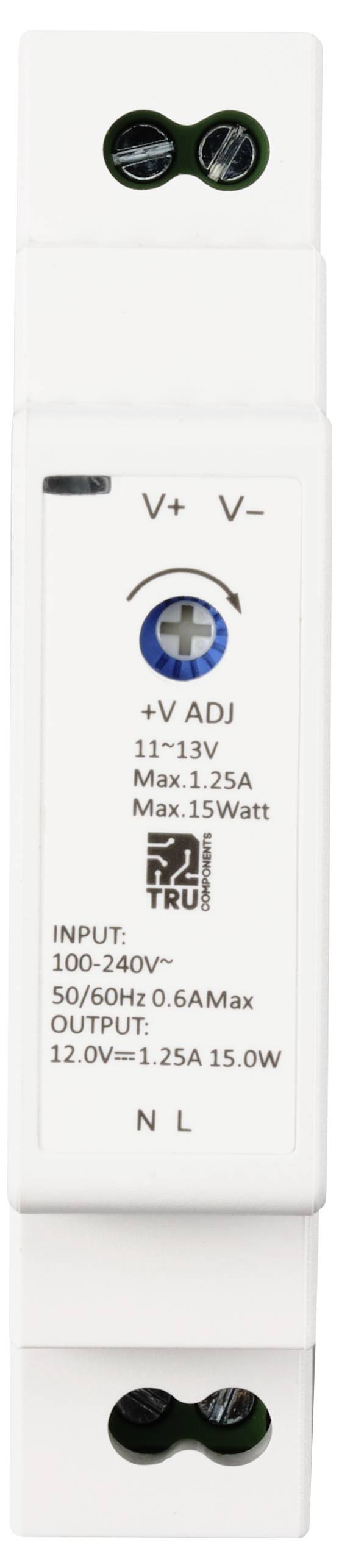 Et strømforsyningsmodul med følgende specifikationer: Input 100-240V, 50/60Hz, maks. 0,6A; Output 12,0V-1,25A 15W. Indeholder skrueklemmer og LED-indikator.