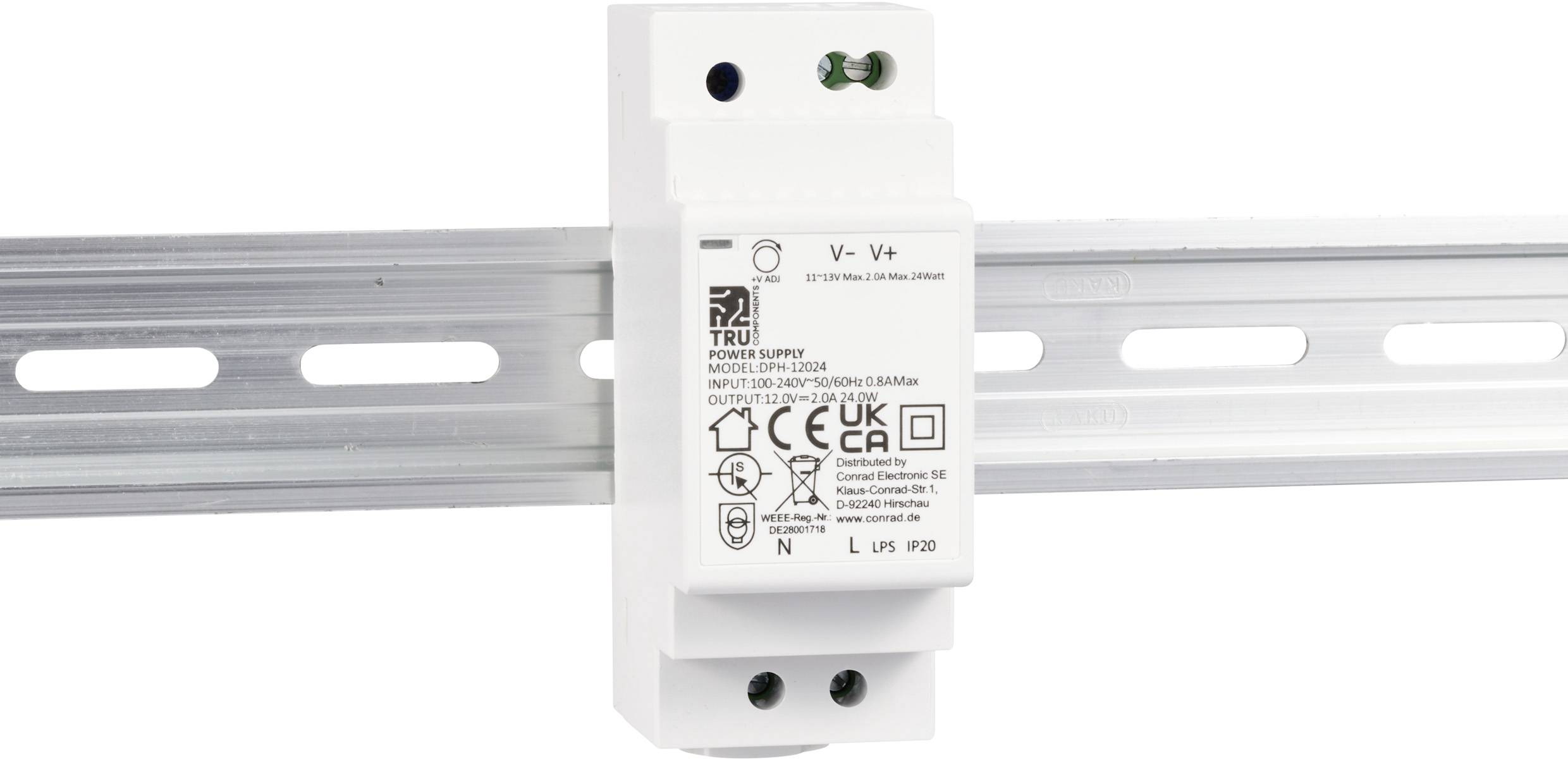 Et switch-strømforsyningsapparat monteret på en DIN-skinne, med CE- og UKCA-mærkning, modeltype LPV-20-12, og elektriske tilslutninger.
