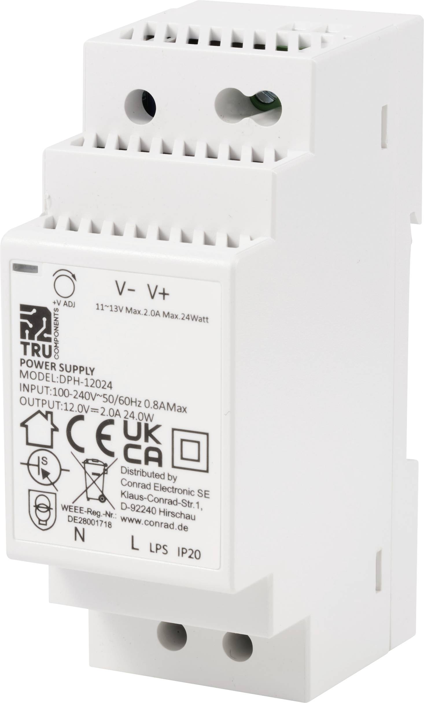 DIN-skinne strømforsyning, model LDH-12-024, 12V DC, 0,8A, 24W, indgang 100-240V, med CE- og UKCA-godkendelser, til elektriske installationer.