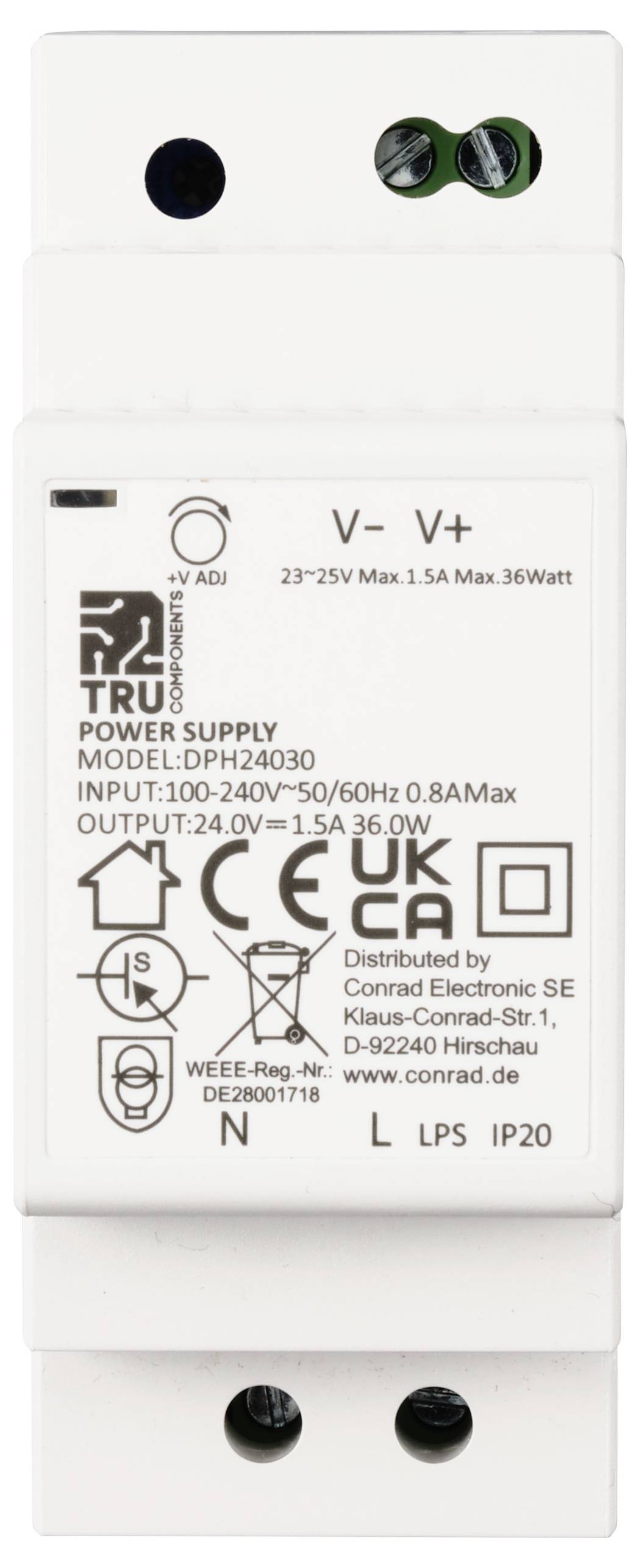 Strømforsyningsenhed med specifikationer: 'INPUT: 100-240V~50/60Hz 0,8A MAKS', 'OUTPUT: 24,0V 1,5A 36,0W', Model: 'DPH24030'.