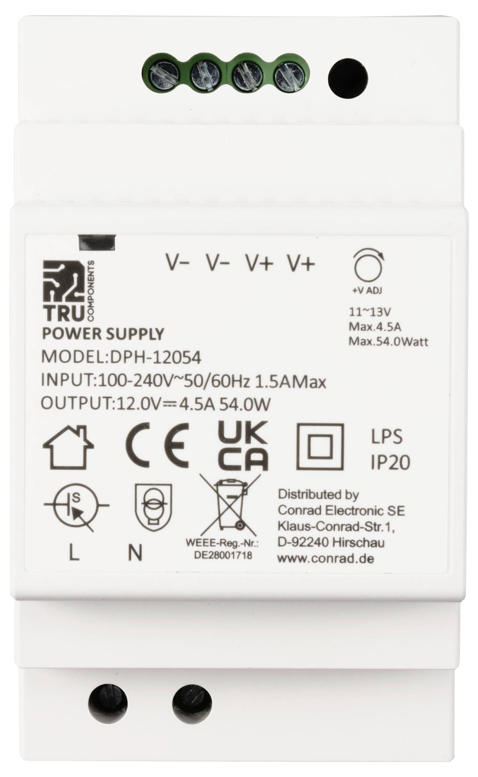 'TRU Components' strømforsyning, model DPH-12054. Input: 100-240V, maks. 1,5A. Output: 12V, maks. 4,5A, 54,0W. IP20-certificeret.