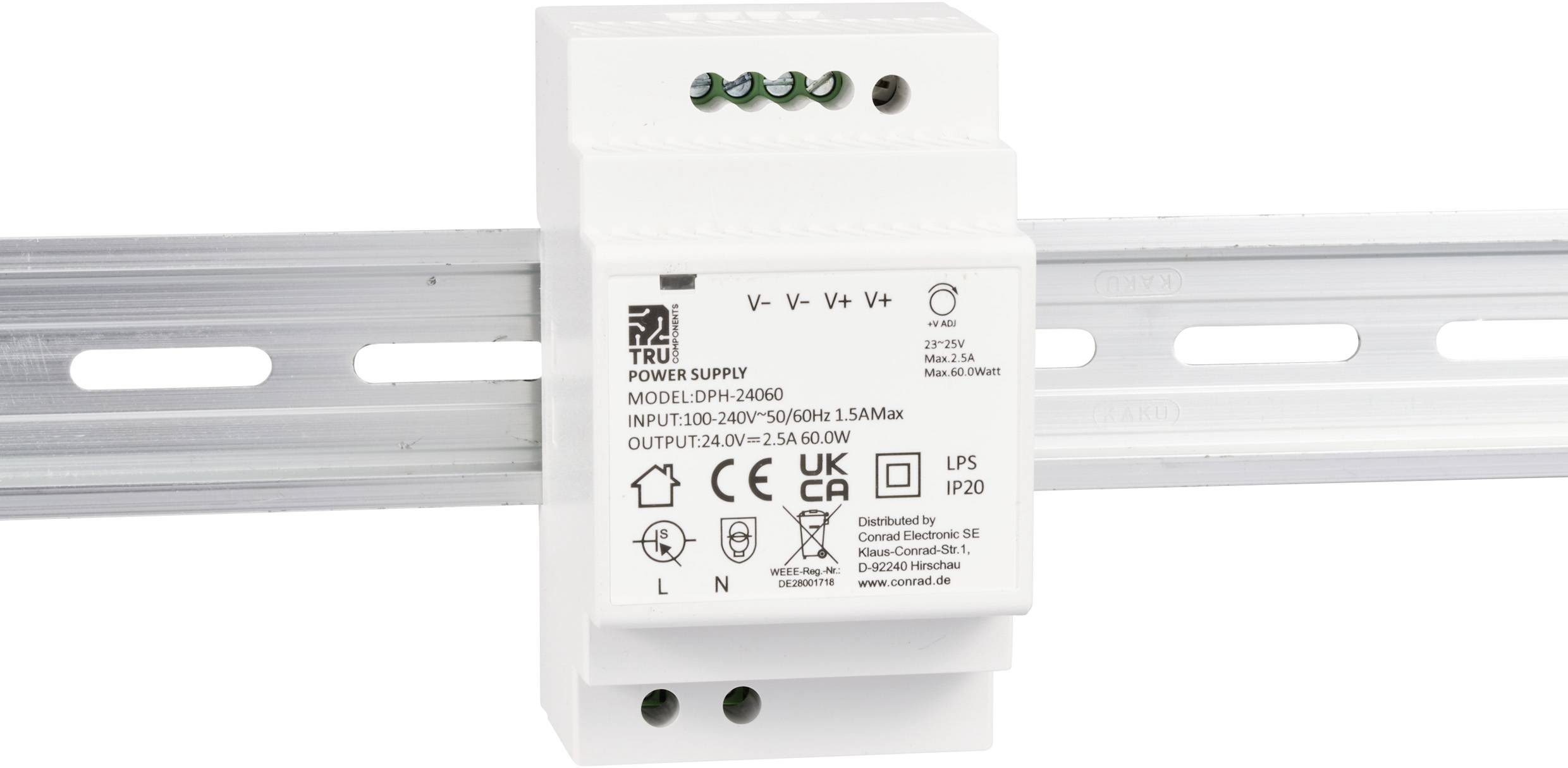 Et hvidt strømforsyningsmodul til DIN-skinne-montering med påtrykte specifikationer 'INPUT: 100-240V, OUTPUT: 24.0V, 5.0A'.
