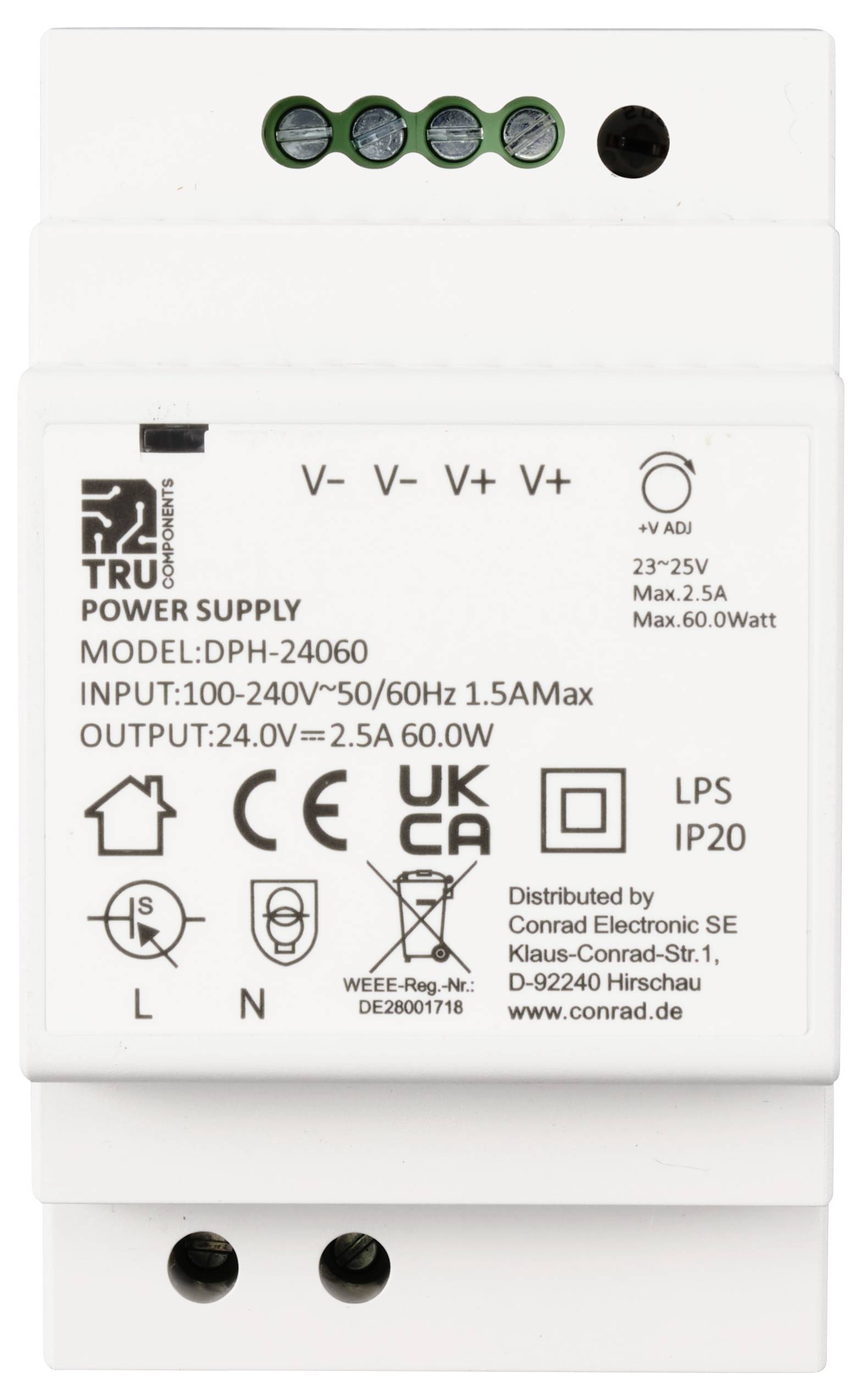 Strømforsyning fra TRU Components, model DPH-24060, Input 100-240V ~ 50/60Hz 1,5A, Output 24V 2,5A 60W, funktioner og advarsler.