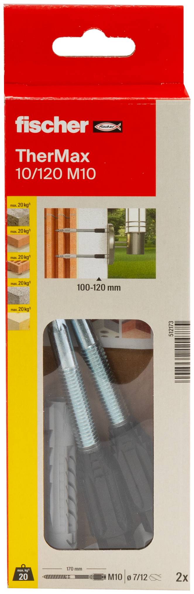 Pakning til fischer TherMax 10/120 M10 isolerende afstandsstykke-fastgørelser, som viser to ankerbolt og en væg-monterings-illustrationsskitse.