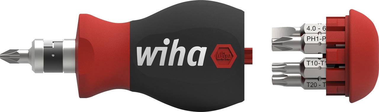Kompakt skruetrækker fra Wiha med aftagelig håndtag, som indeholder forskellige bits (4.0-6, PH1-PH2, T10-T20).
