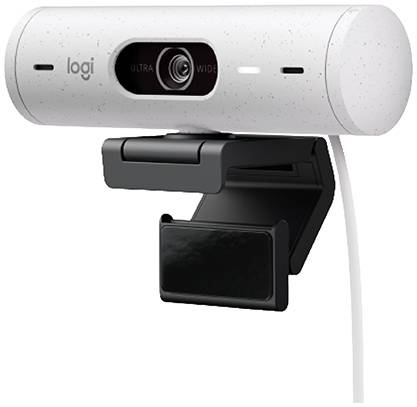 Et hvidt webcam med et bredt objektiv og USB-kabel, monteret på et justerbart stativ.