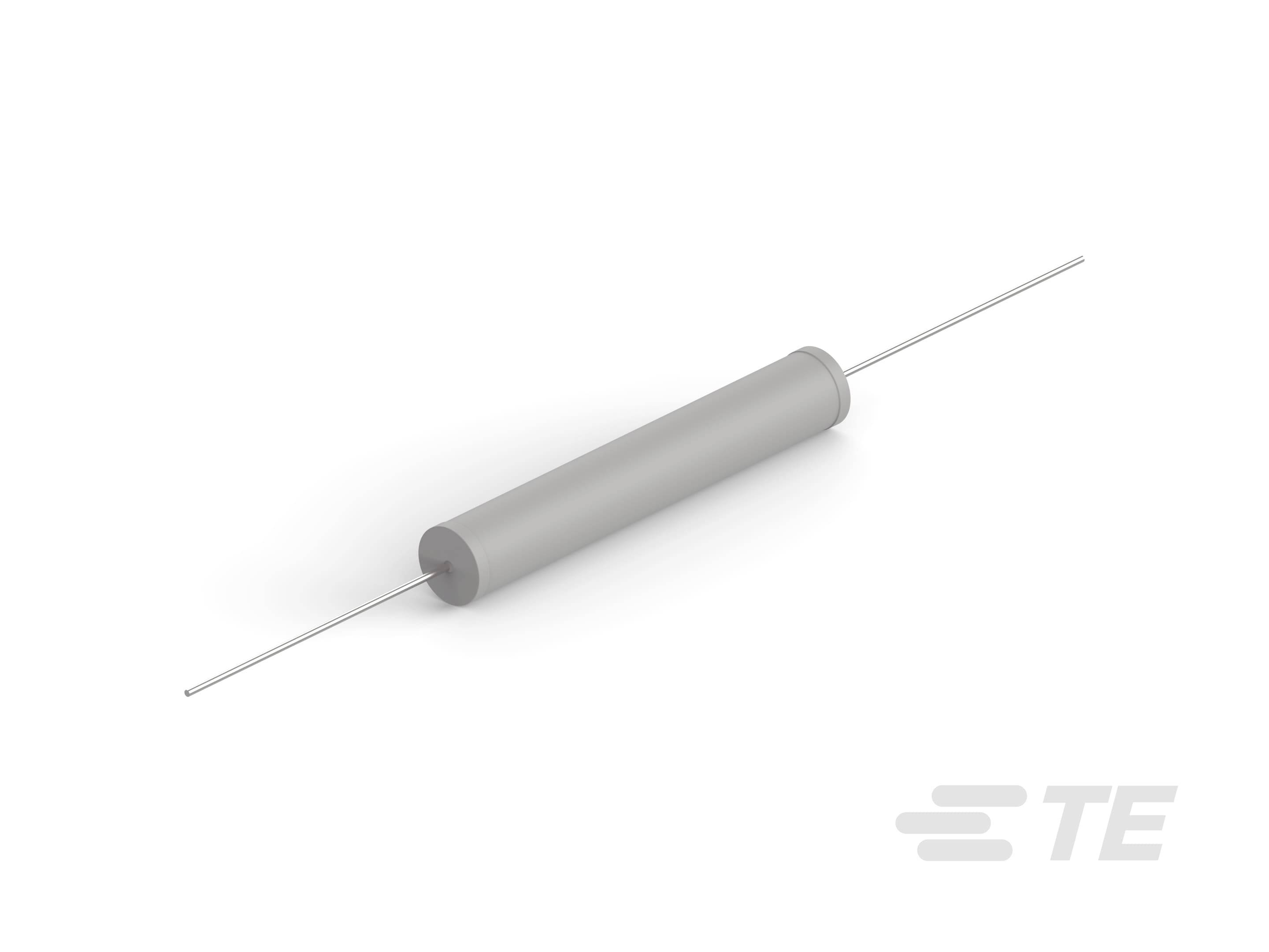 Cylinderformet elektronisk komponent med to ledninger i enderne. Grå på hvid baggrund, sandsynligvis en modstand.