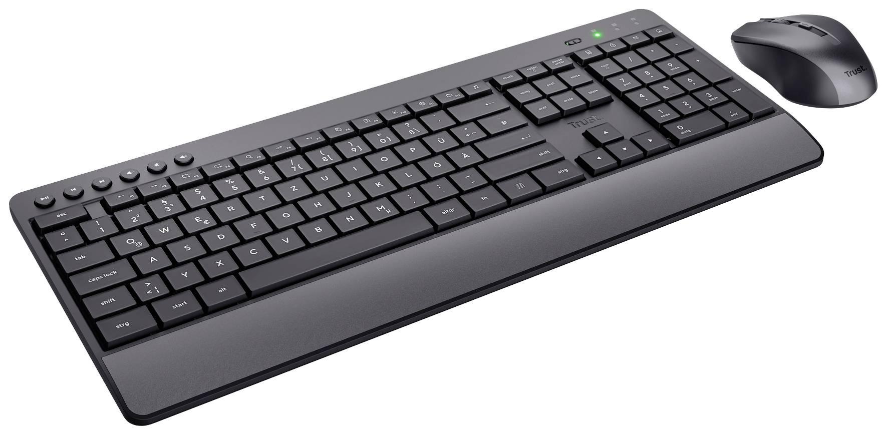 Trådløst tastatur med numerisk tastatur og ergonomisk mus på hvid baggrund. Perfekt til behagelig computerbetjening.