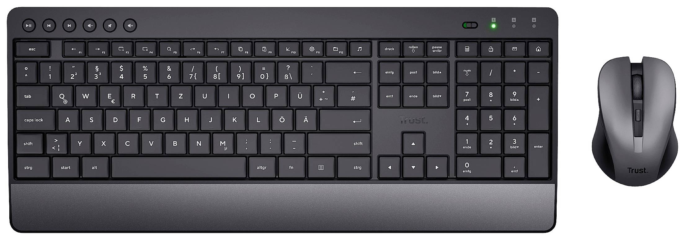 Trådløst tastatur med numerisk tastatur og ekstra mus. Tastaturet har funktionstaster og specialtaster til multimedie.