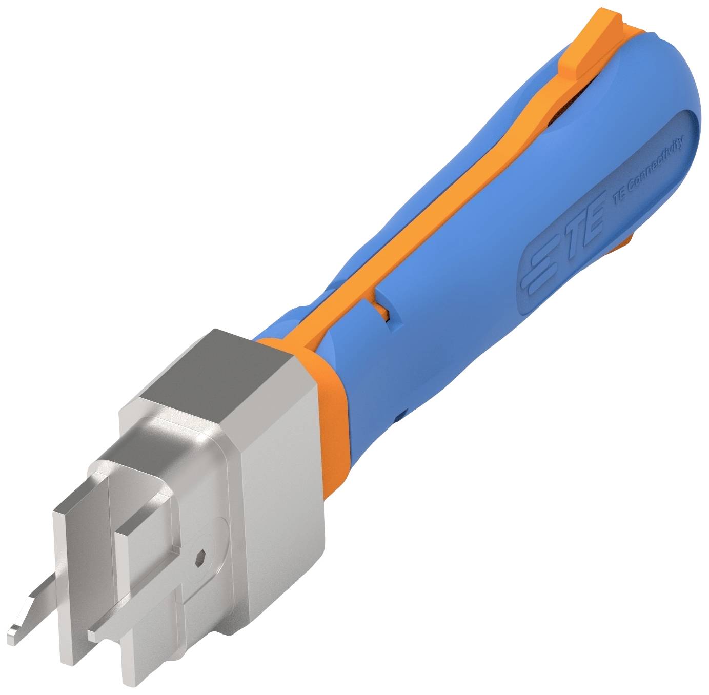 En blå-orange skruetrækker med et specialdesignet metalvedhæng, som er velegnet til præcise tekniske opgaver.
