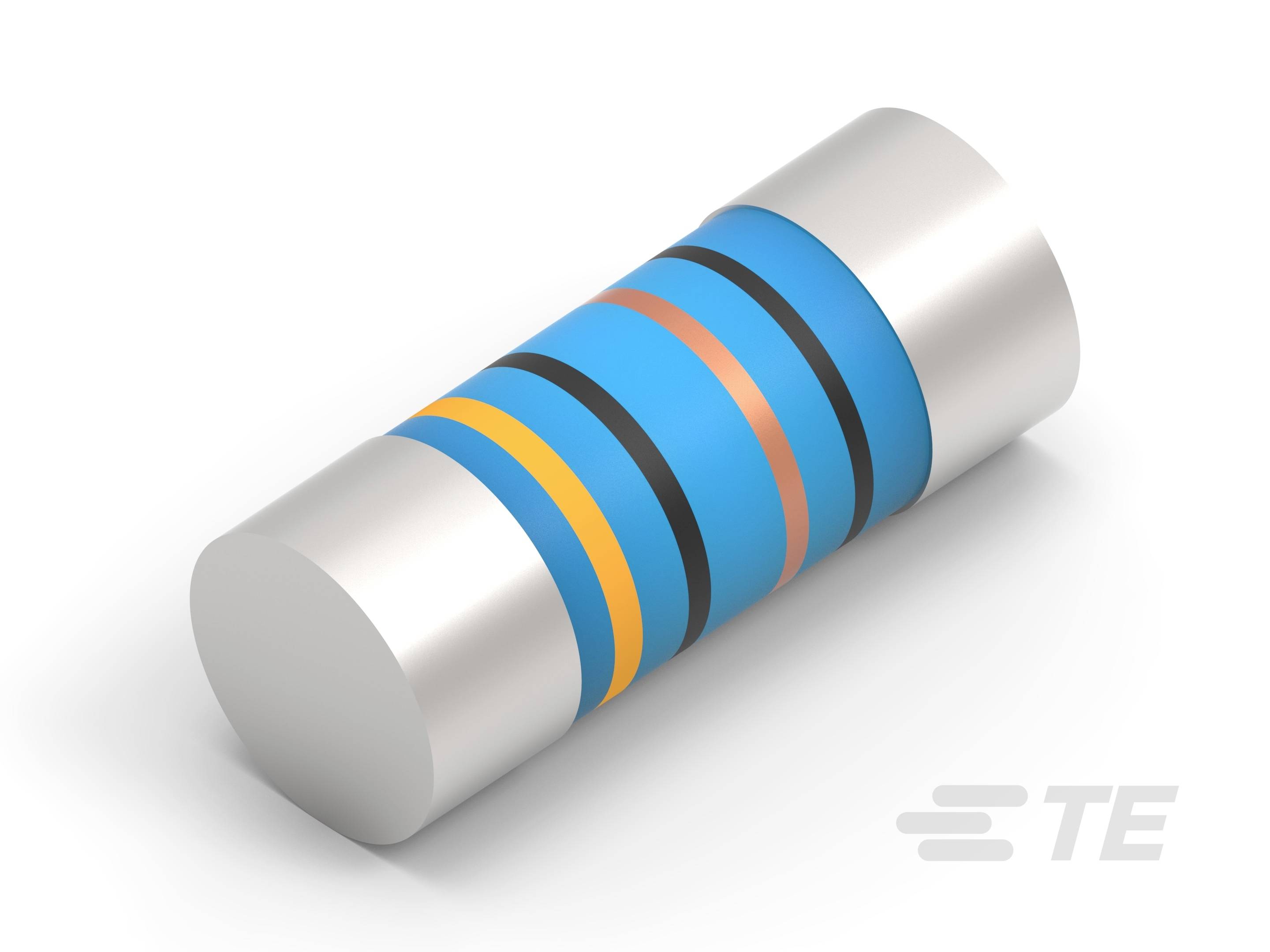 En cylindrisk elektrisk modstand med farvede markeringsringe på en metallisk udseende krop.