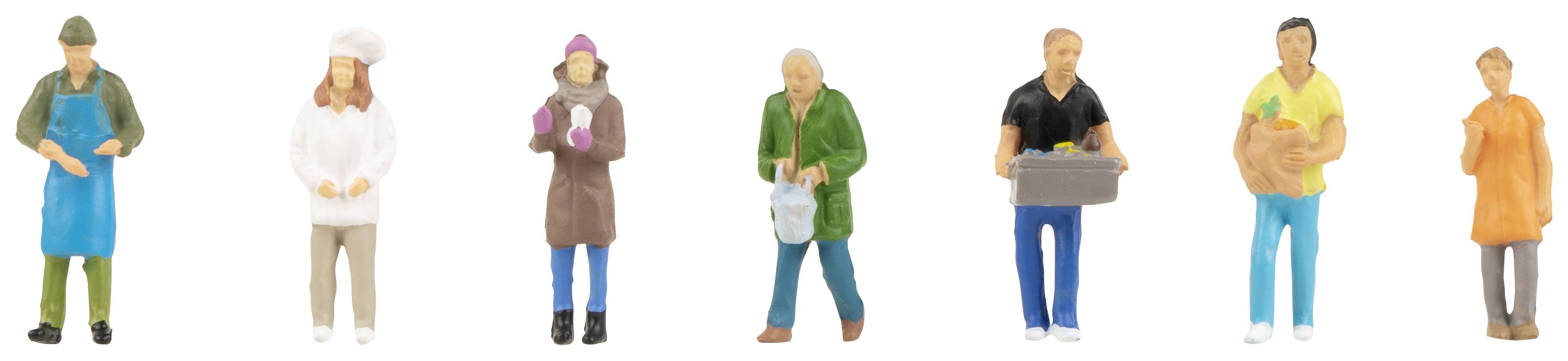 Miniaturfigurer: Forskellige mennesker i erhvervs- og dagligdagstøj, herunder kok, arbejder og person med indkøbspose. De står ved siden af hinanden.
