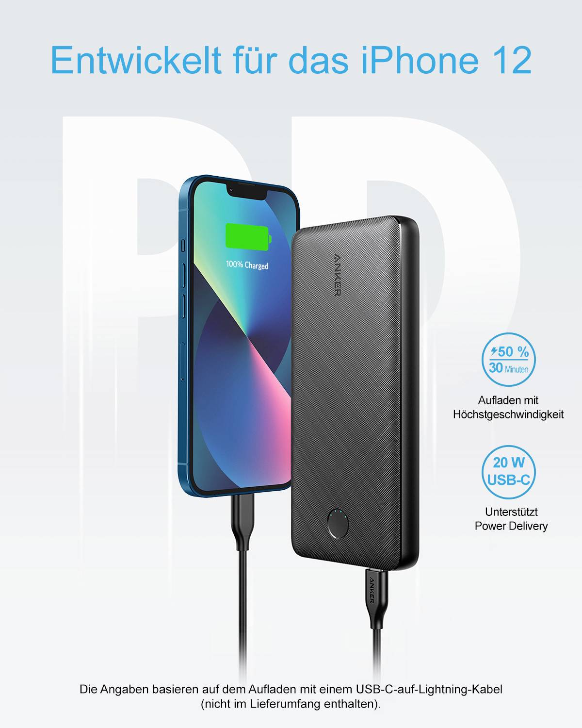 Et vertikalt oplader ved siden af en iPhone 12 viser 50% opladning på 30 minutter. Understøtter 20 W USB-C Power Delivery.