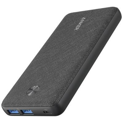 En sort powerbank med stofoverflade, to USB-porte og en USB-C-port i bunden.