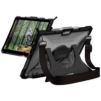 Tablet i et beskyttende etui med stativ, vist i skoven under cykling. Etuiet giver beskyttelse og stabilitet, mærke UAG.