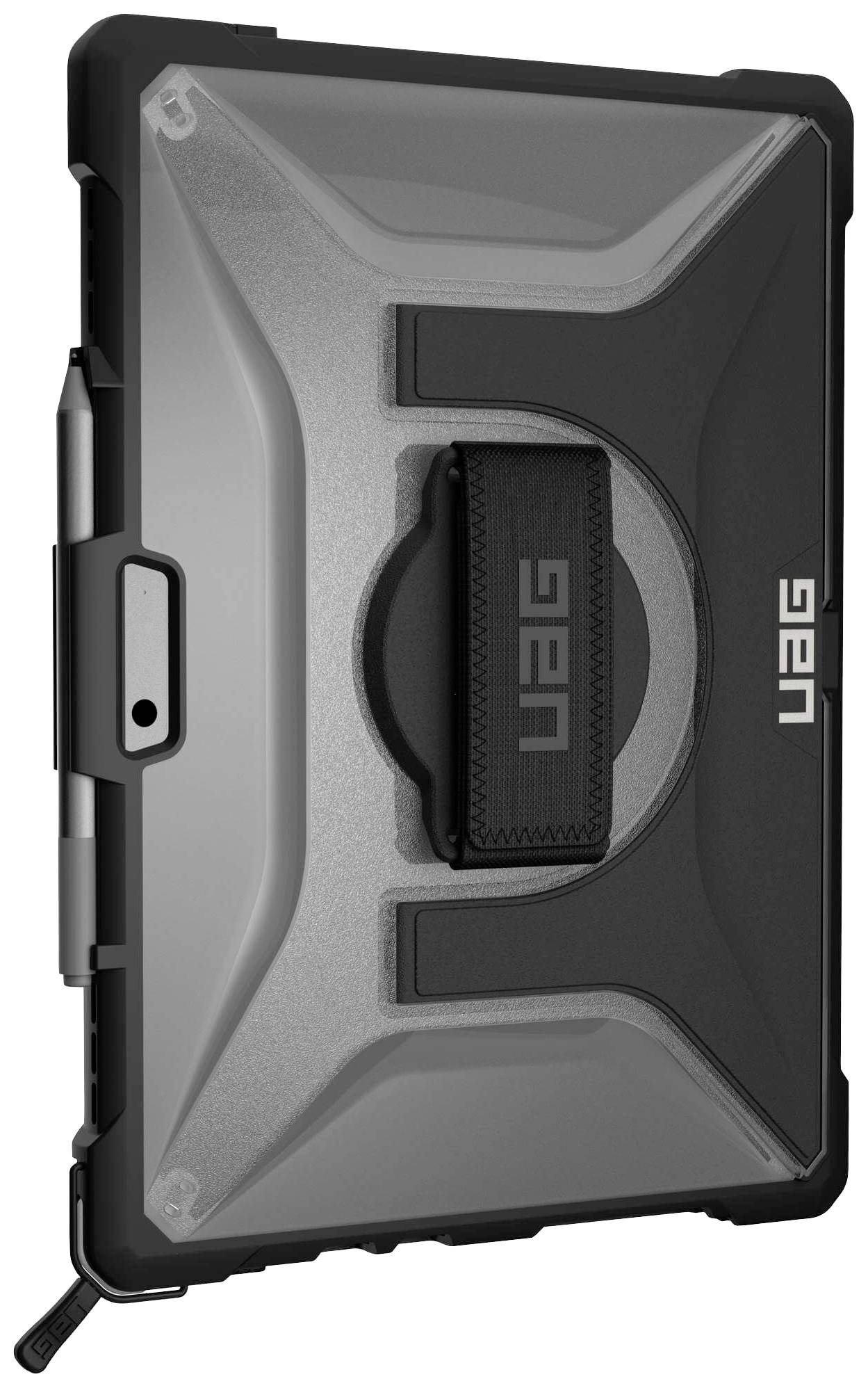 Sort, robust tablet-etui med bærestrop og penneholder. Mærketekst 'UAG' synlig på bagsiden.