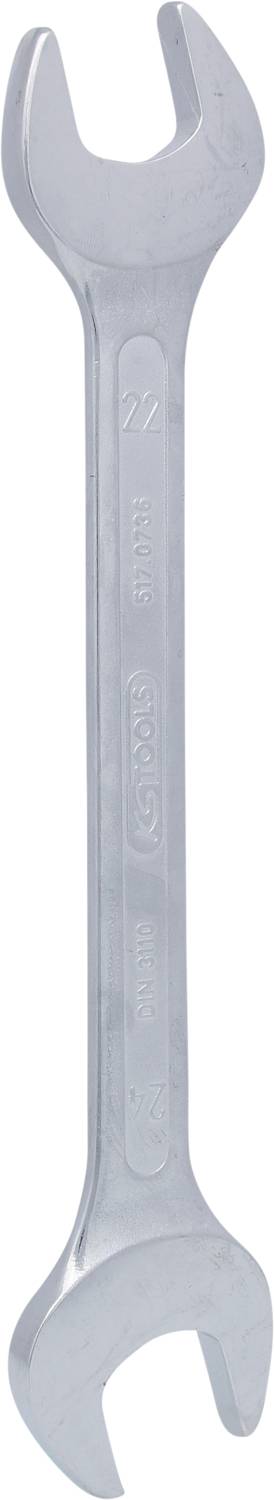 En sølvfarvet gaffelnøgle med forskellige størrelser åbninger i begge ender, egnet til at spænde eller løsne skruer eller møtrikker.