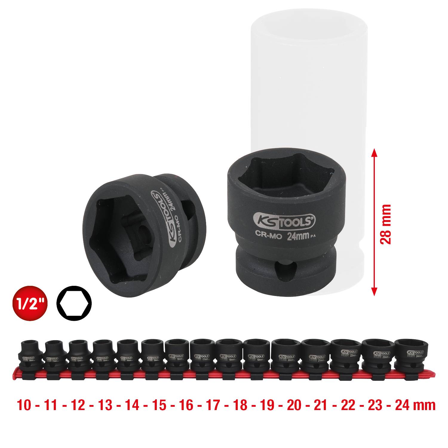 Illustration af et topnøglesæt fra 10 mm til 24 mm med holder, 1/2 tomme drev, 28 mm længde, mærke 'KS Tools'.