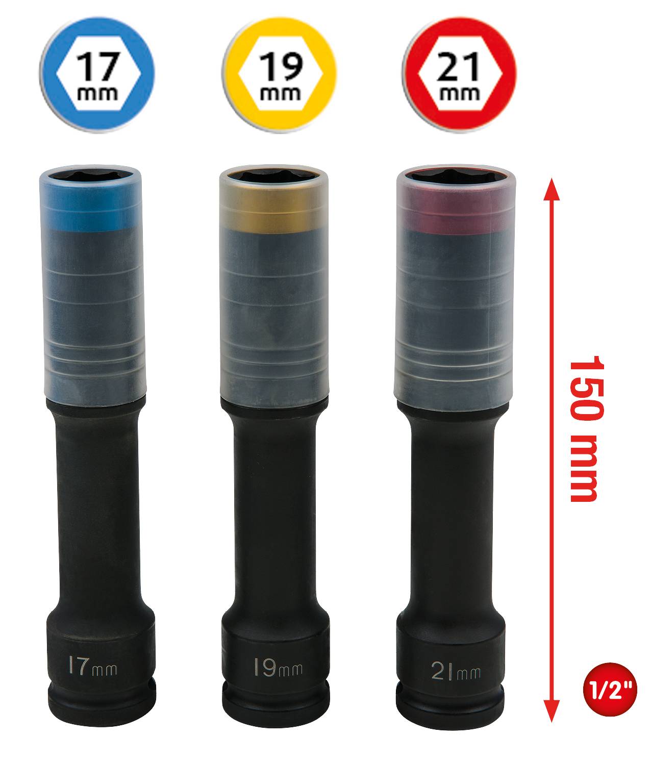 'Tre beskyttede topnøgler, størrelser 17 mm, 19 mm, 21 mm, med farvede markeringer (blå, gul, rød), længde 150 mm, 1/2".'