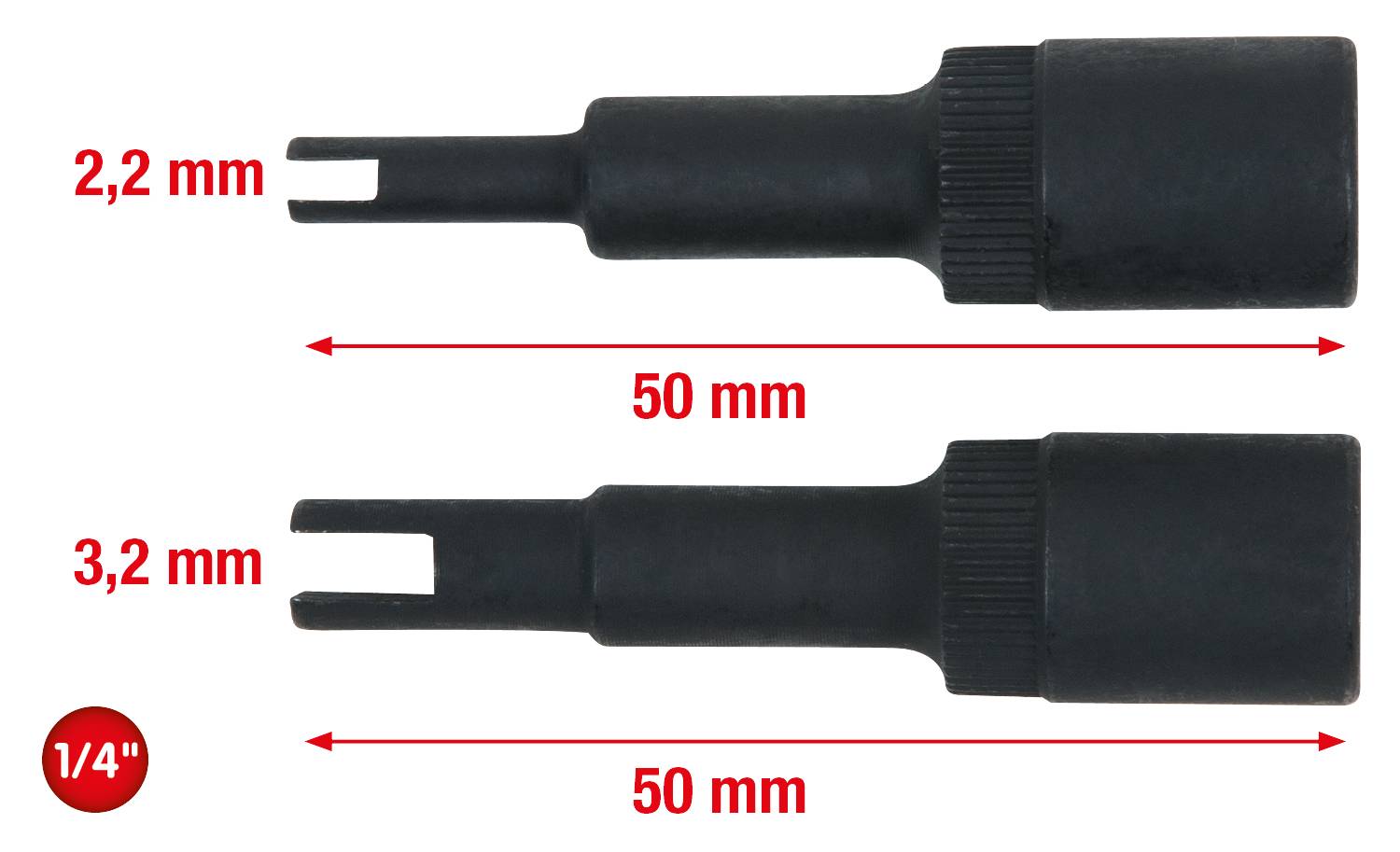 To clarære sort værktøjstilbehør med bredder på 2,2 mm og 3,2 mm, begge 50 mm lange, placeret ved siden af hinanden på en hvid baggrund. Vises i tommer.