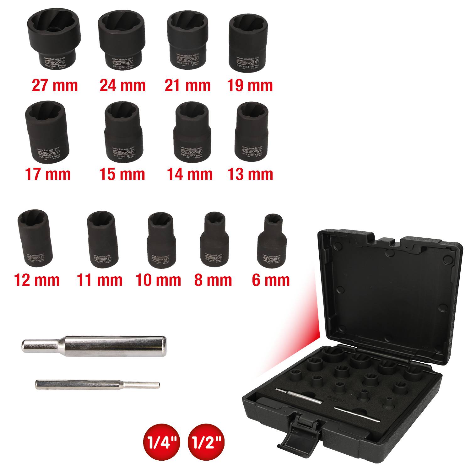 Topnøglesæt: Forskellige størrelser (6 mm til 27 mm) med opbevaringsboks og tilbehør. Egnet til 1/4" og 1/2" drivaksler.