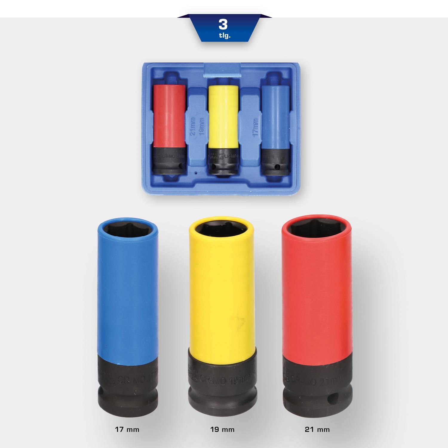 Tre farvede topnøgleindlæg (17 mm, 19 mm, 21 mm) i blå, gul og rød. De er arrangeret i en blå plastikboks.