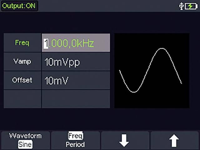 Billede af et oscilloskop-display, der viser en sinusbølge ved 1000,0 kHz med en amplitude på 10 Vpp og et offset på 10 mV.