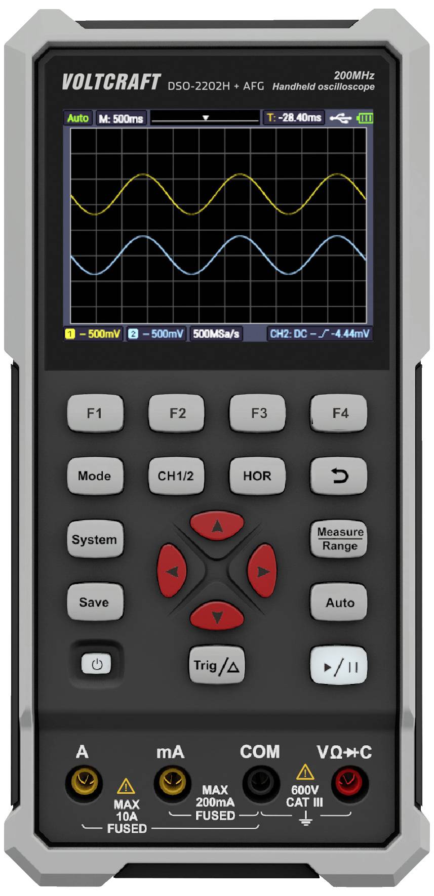 Bærbar håndholdt oscilloskop Voltcraft DSO-2202H; viser signalforløb på display; knapper til spændingsindstillinger og måleområder.
