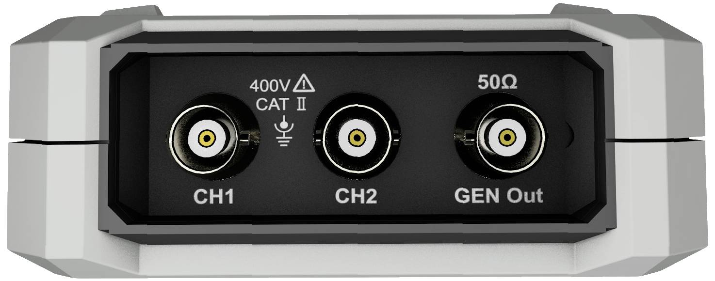 Bagsiden af en elektronisk enhed med tre tilslutninger: CH1, CH2 og GEN Out, mærket med 400V CAT II og 50Ω.