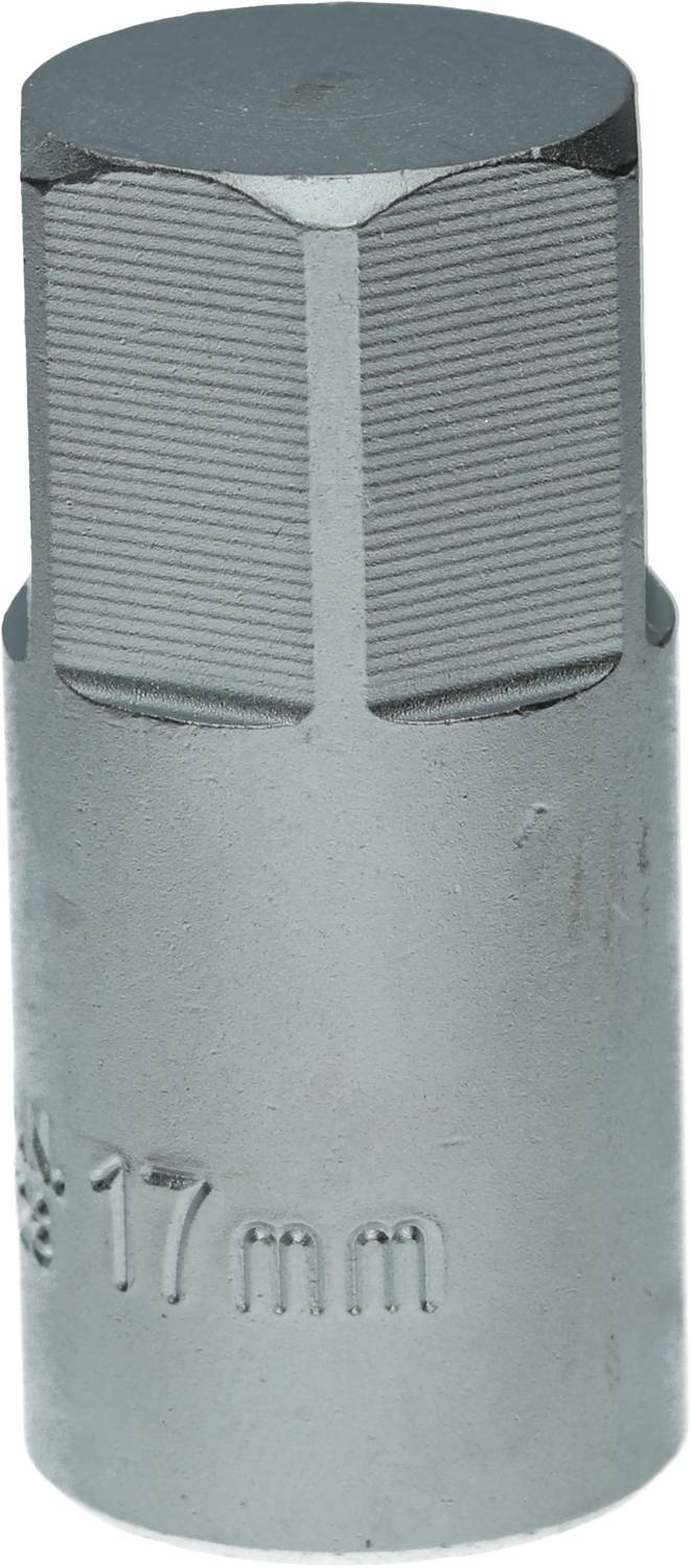 En sølvfarvet 17 mm unbrakonøgle i metal, cylinderformet med riflet overflade.