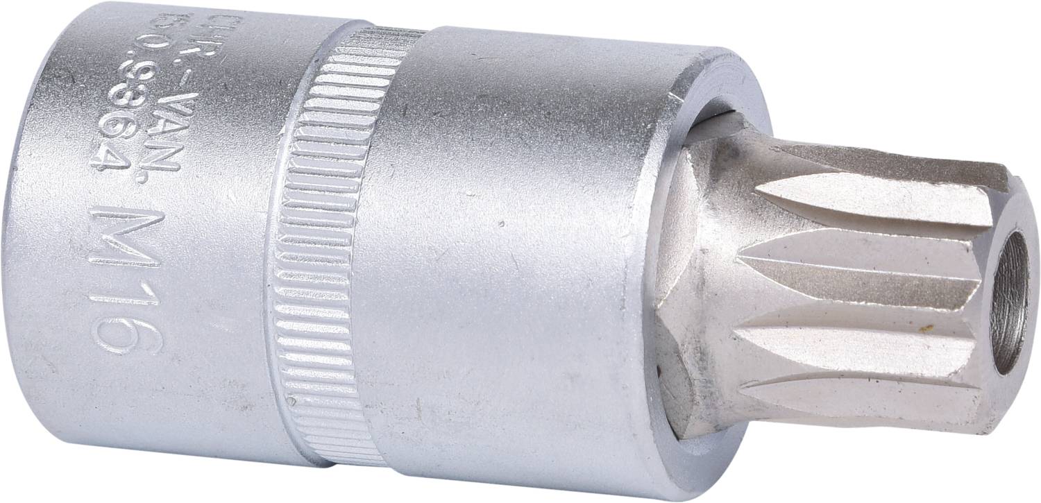 Metallic værktøjsbid-holder 'M16' på oversiden; cylindrisk form og sølvfarve. Egnet til værktøjsbrug.