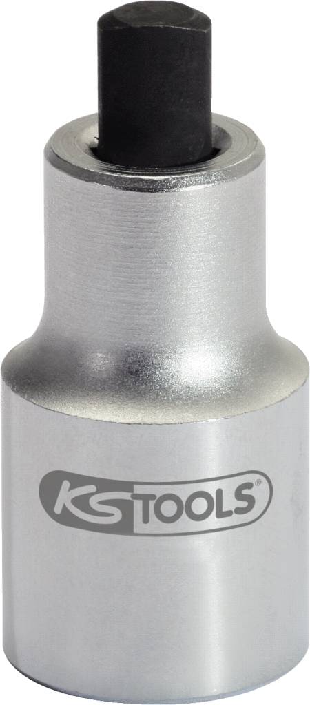 En sølvfarvet topnøgle med firkantet drev og sort indsats. Logo 'KS Tools' på siden.