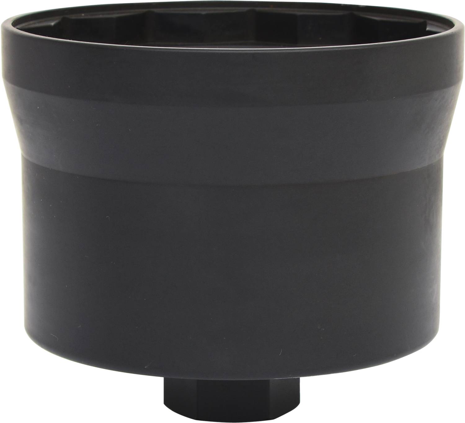 Sort plastikdel, cylinderformet, med bredere overside. Muligvis et låg eller adapter til en specifik enhed eller system.