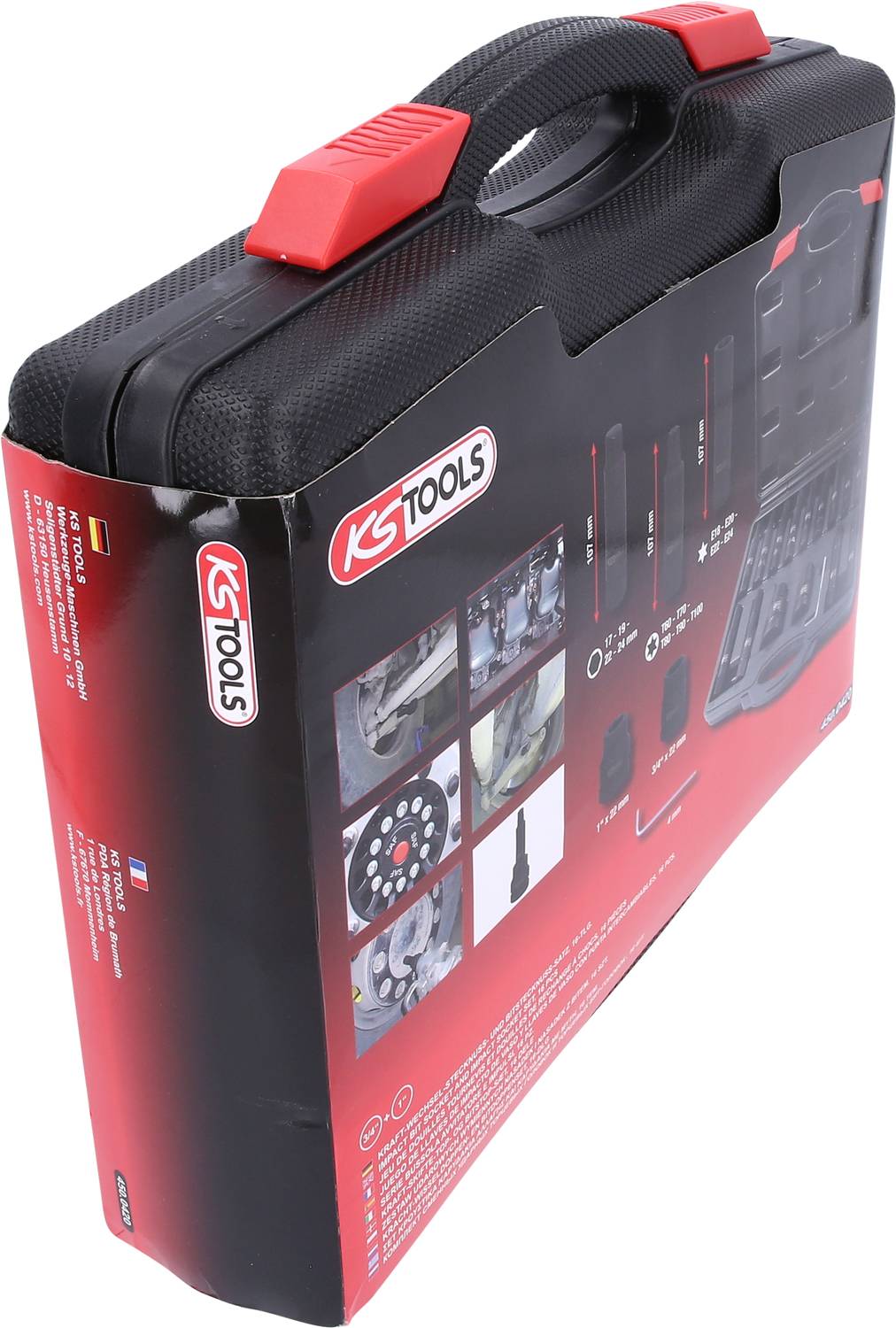 Værktøjskasse fra KS Tools, sort hardcase med rødt håndtag, tekst og symboler på emballagen.